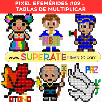 Pixeles de Efemérides de Septiembre con actividades de tablas de multiplicar para primaria.
